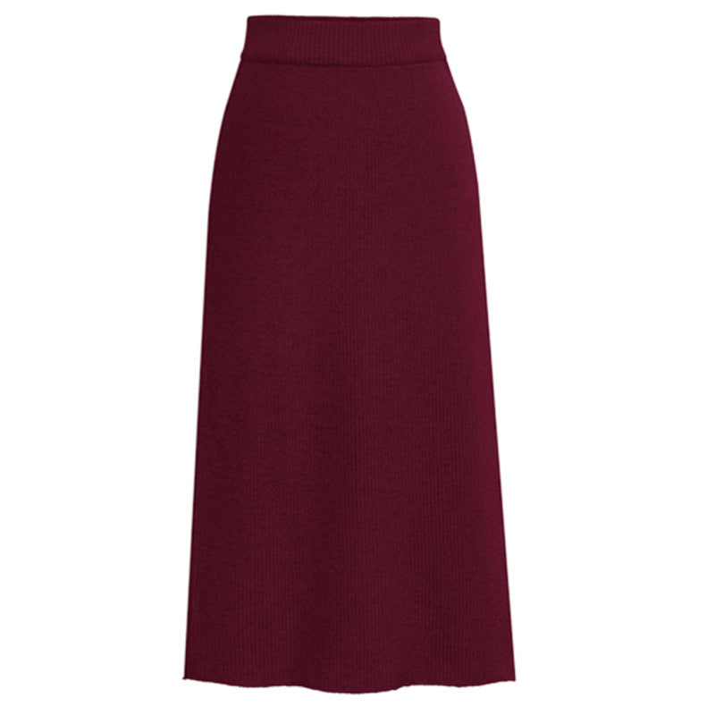 Winter Wool Skirt Women's Mid-Length Plus Size Angela Red Woolen Skirt Slit Hip Skirt High Waist Long Skirt