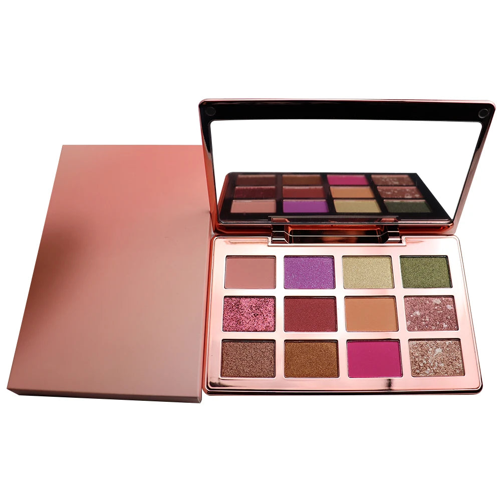 Wholesale 12 Colors Rose Gold Eyeshadow Palette Private Label Vegan Makeup Glitter Eye Powder Make Your Own Custom Eyeshadow