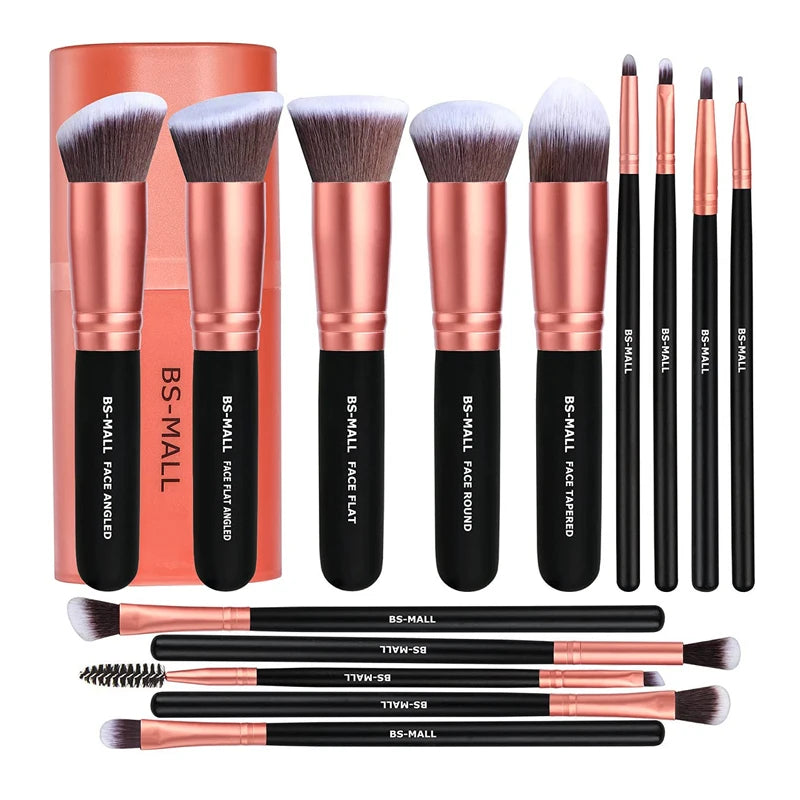 BS-MALL 14Pcs Rose Gold Makeup Brush Set Vegan Synthetic Travel-Friendly Private Label Cosmetic Tools Brushes Set Factory