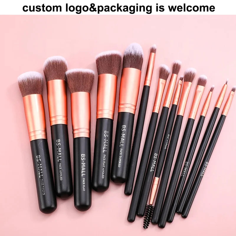 BS-MALL 14Pcs Rose Gold Makeup Brush Set Vegan Synthetic Travel-Friendly Private Label Cosmetic Tools Brushes Set Factory