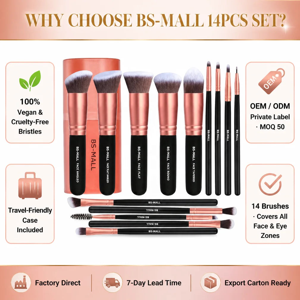 BS-MALL 14Pcs Rose Gold Makeup Brush Set Vegan Synthetic Travel-Friendly Private Label Cosmetic Tools Brushes Set Factory