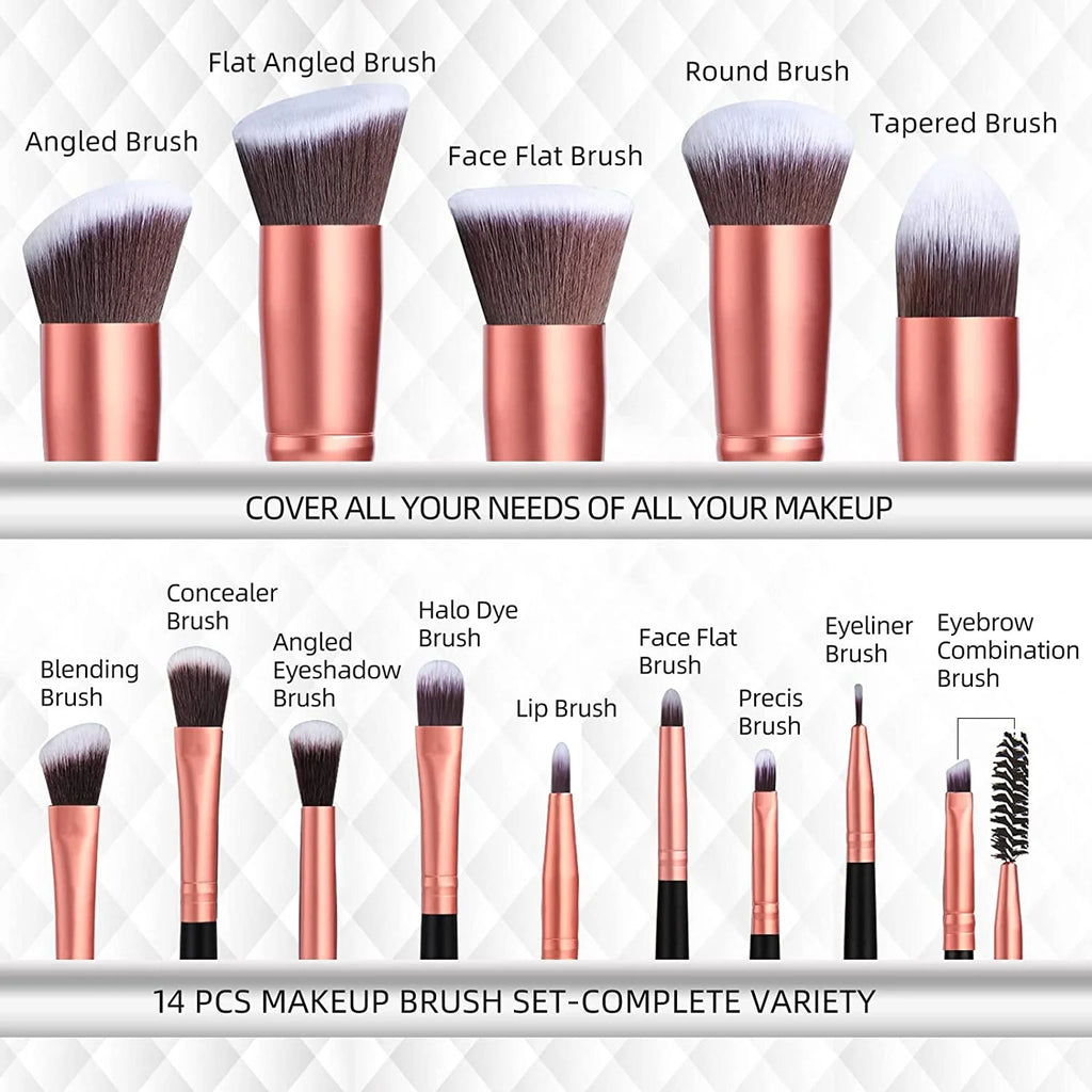 BS-MALL 14Pcs Rose Gold Makeup Brush Set Vegan Synthetic Travel-Friendly Private Label Cosmetic Tools Brushes Set Factory