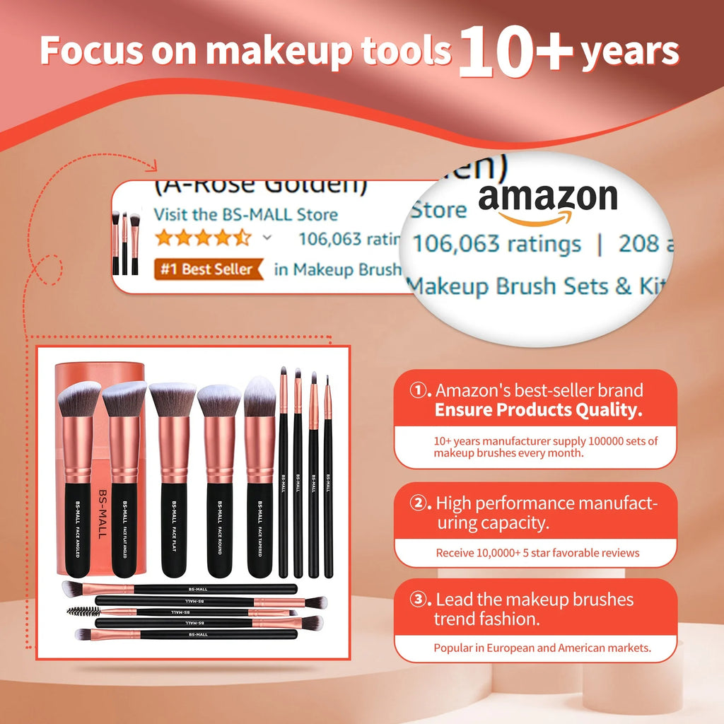 BS-MALL 14Pcs Rose Gold Makeup Brush Set Vegan Synthetic Travel-Friendly Private Label Cosmetic Tools Brushes Set Factory