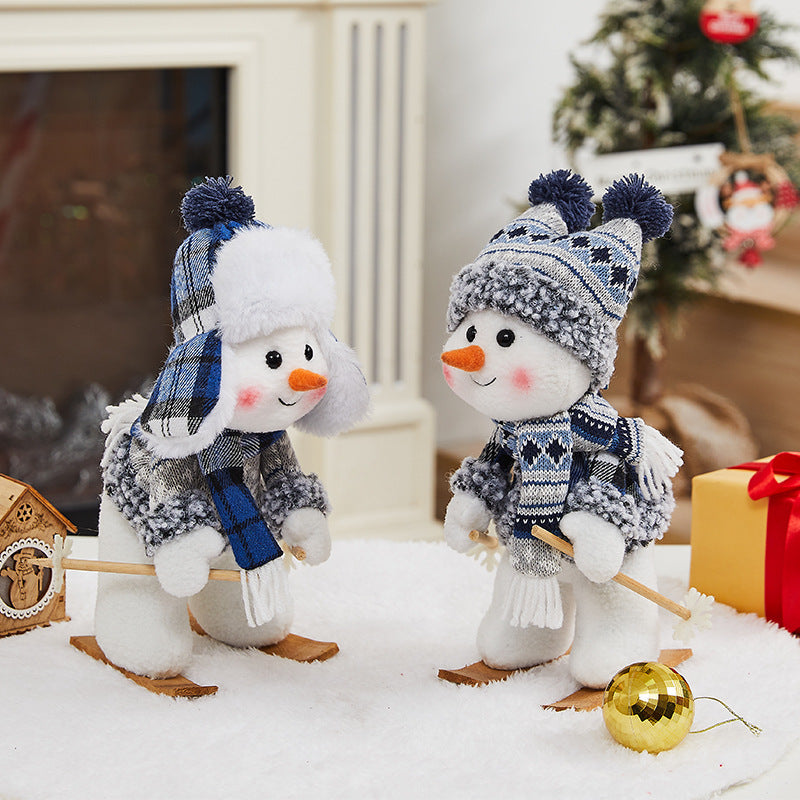 Cross Border Christmas Decorations Ski Snowman Doll Desktop Doll Blue Gauge Fabric Christmas Iron Feet Snowman Ornaments