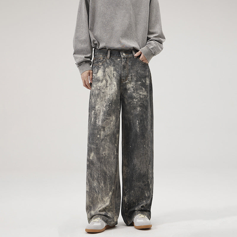 LKTM Men's# AC Style Splash Ink Printed Jeans Men's and Women's American Washed Heavy Loose Wide Leg Trousers