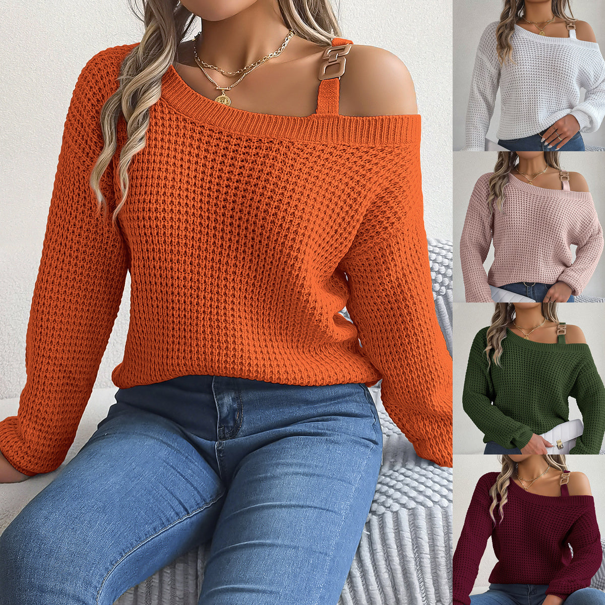 Real Shot of 2025 Autumn and Winter Casual Metal Buckle Splicing Off-Shoulder Lantern Sleeve Pullover Sweater Independent Station Cross-Border Women's Clothing