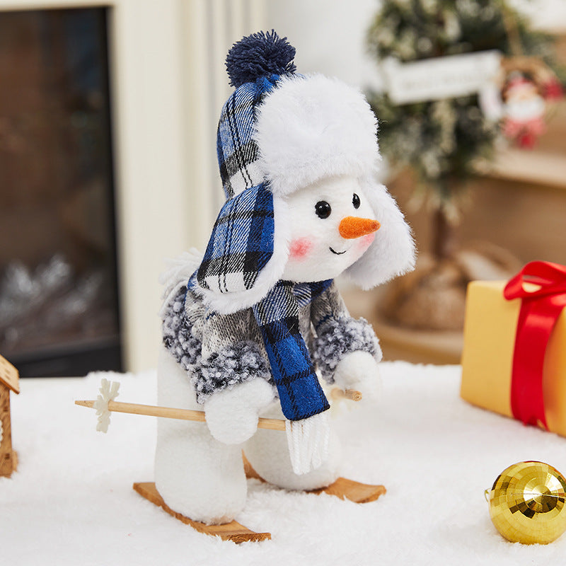 Cross Border Christmas Decorations Ski Snowman Doll Desktop Doll Blue Gauge Fabric Christmas Iron Feet Snowman Ornaments