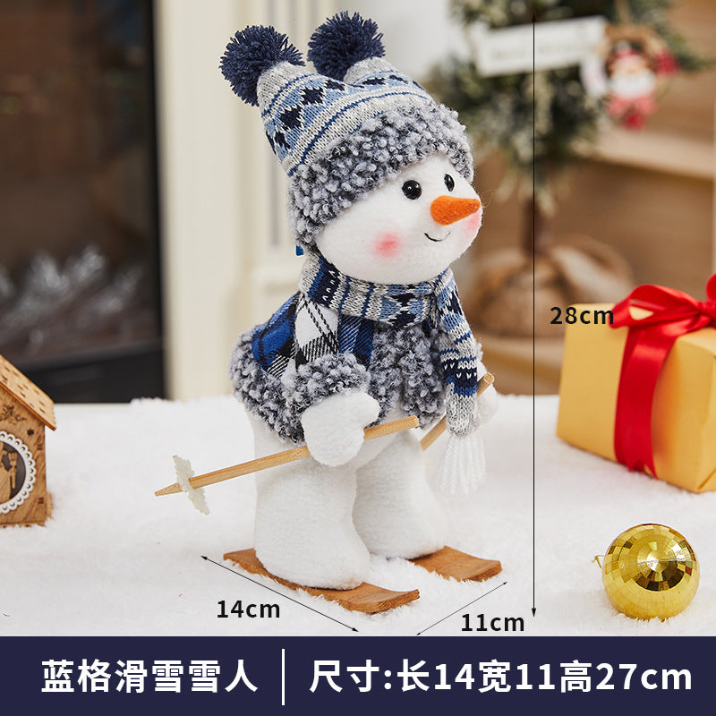 Cross Border Christmas Decorations Ski Snowman Doll Desktop Doll Blue Gauge Fabric Christmas Iron Feet Snowman Ornaments