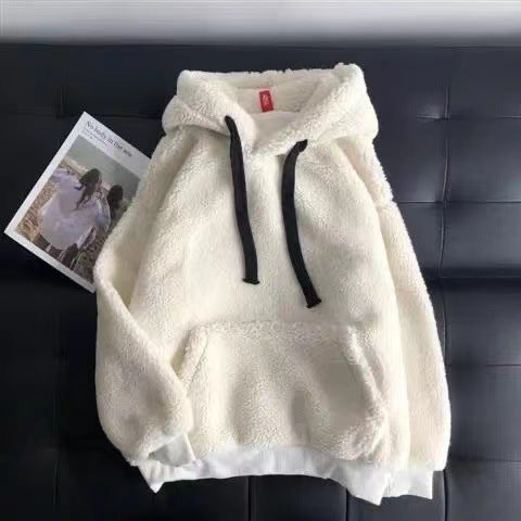 Imitation Lamb Wool Sweatshirt, Winter Season, Women's Korean Style, Simple Couple's Outfit, Unisex, Fleece-Lined, Thickened, Hooded, Loose Top