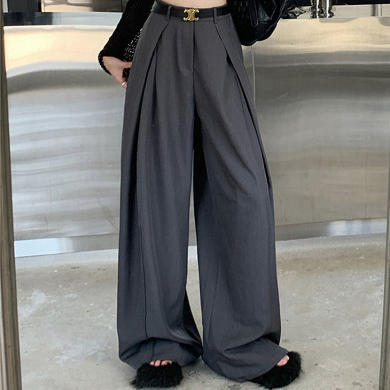 Designed Pleated Wide-Leg Pants for Women, 2026 Spring New Style, High-Waisted Straight-Leg Suit Pants, Casual Drapey Floor-Length Trousers