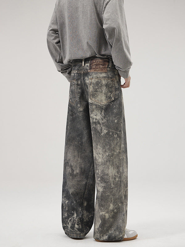 LKTM Men's# AC Style Splash Ink Printed Jeans Men's and Women's American Washed Heavy Loose Wide Leg Trousers