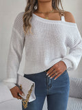 Real Shot of 2025 Autumn and Winter Casual Metal Buckle Splicing Off-Shoulder Lantern Sleeve Pullover Sweater Independent Station Cross-Border Women's Clothing