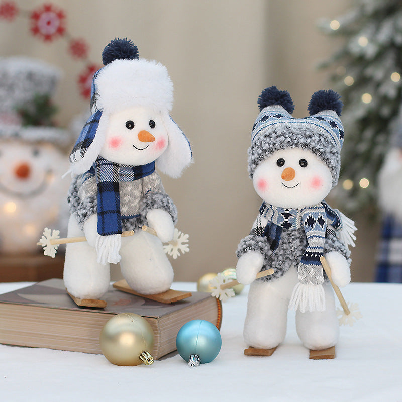 Cross Border Christmas Decorations Ski Snowman Doll Desktop Doll Blue Gauge Fabric Christmas Iron Feet Snowman Ornaments