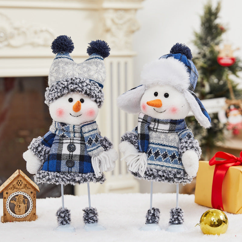 Cross Border Christmas Decorations Ski Snowman Doll Desktop Doll Blue Gauge Fabric Christmas Iron Feet Snowman Ornaments