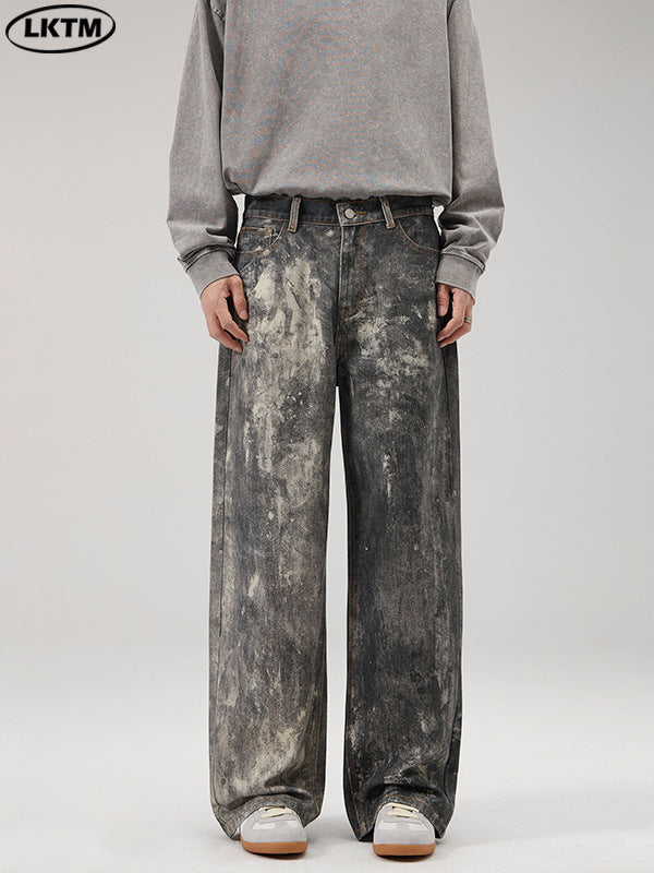 LKTM Men's# AC Style Splash Ink Printed Jeans Men's and Women's American Washed Heavy Loose Wide Leg Trousers