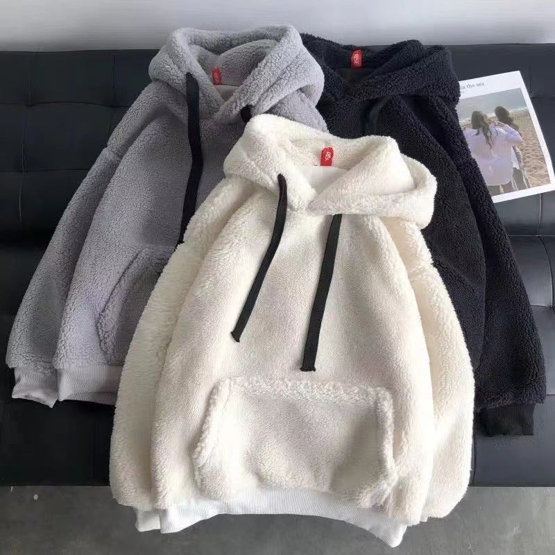 Imitation Lamb Wool Sweatshirt, Winter Season, Women's Korean Style, Simple Couple's Outfit, Unisex, Fleece-Lined, Thickened, Hooded, Loose Top