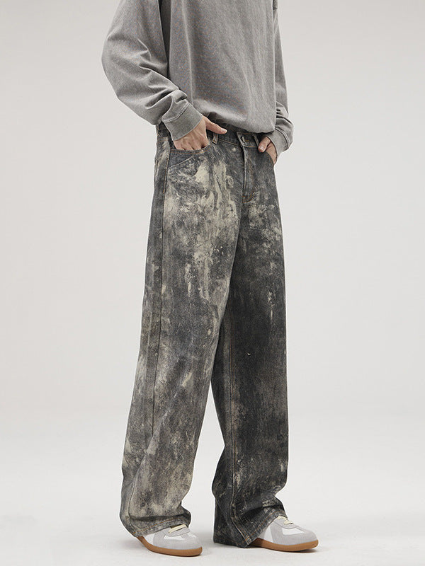 LKTM Men's# AC Style Splash Ink Printed Jeans Men's and Women's American Washed Heavy Loose Wide Leg Trousers