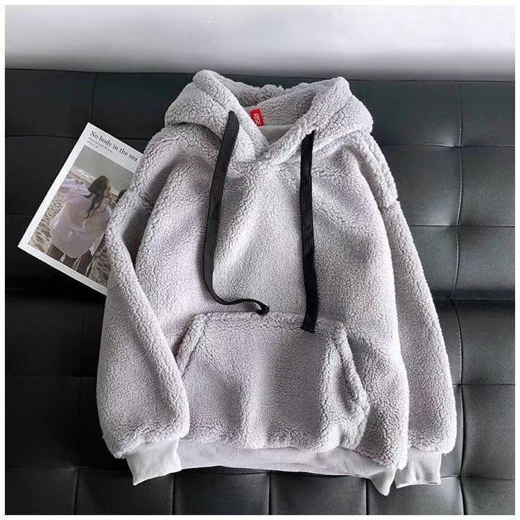 Imitation Lamb Wool Sweatshirt, Winter Season, Women's Korean Style, Simple Couple's Outfit, Unisex, Fleece-Lined, Thickened, Hooded, Loose Top