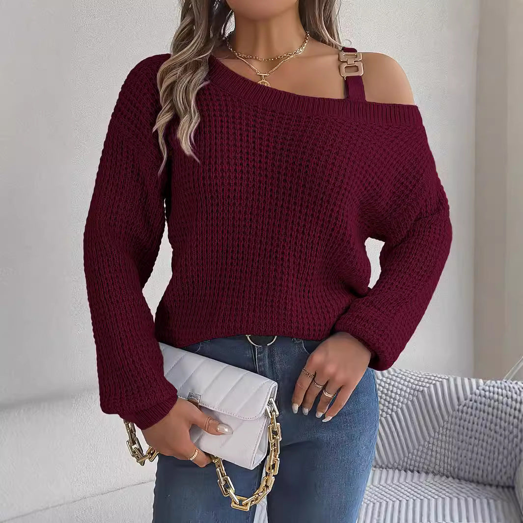 Real Shot of 2025 Autumn and Winter Casual Metal Buckle Splicing Off-Shoulder Lantern Sleeve Pullover Sweater Independent Station Cross-Border Women's Clothing