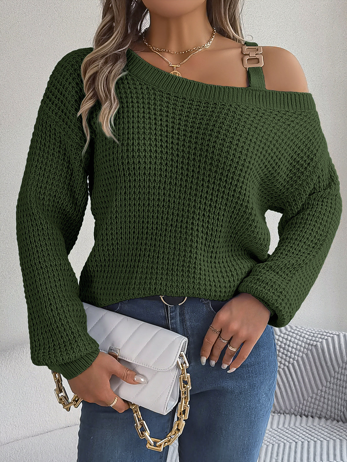 Real Shot of 2025 Autumn and Winter Casual Metal Buckle Splicing Off-Shoulder Lantern Sleeve Pullover Sweater Independent Station Cross-Border Women's Clothing