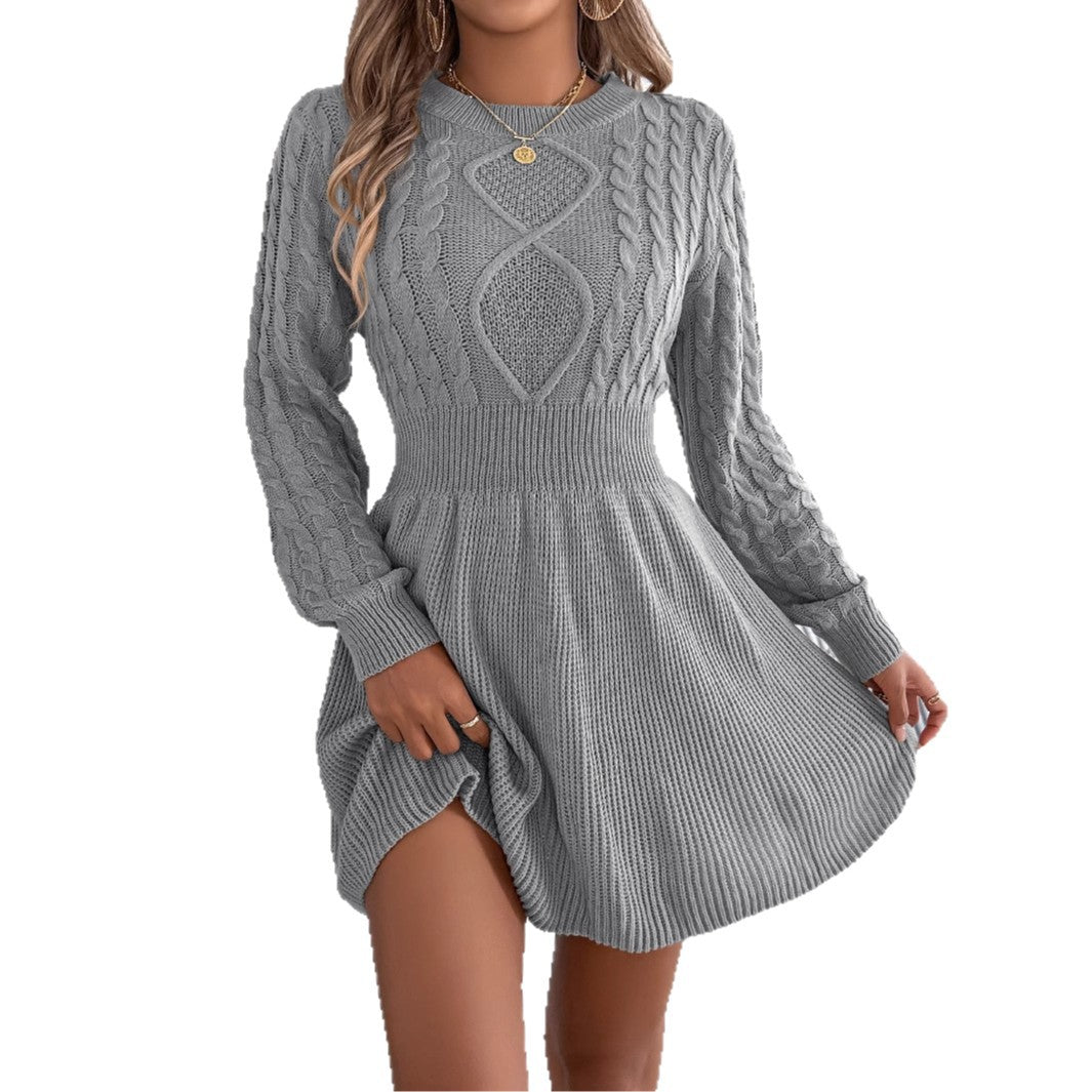 2025 Autumn and Winter European and American Solid Color Twist Waist Lantern Long Sleeve Sweater Skirt A-Line Skirt Amazon Cross-Border Women's Clothing