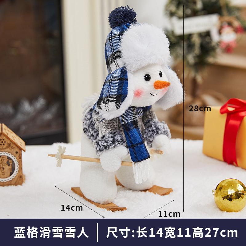 Cross Border Christmas Decorations Ski Snowman Doll Desktop Doll Blue Gauge Fabric Christmas Iron Feet Snowman Ornaments