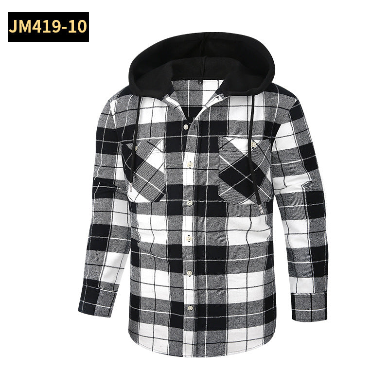 2026 Spring New Amazon Hot-Selling Loose Casual Flannel Long-Sleeve Hooded Plaid Shirt for Men with a High-End Feel