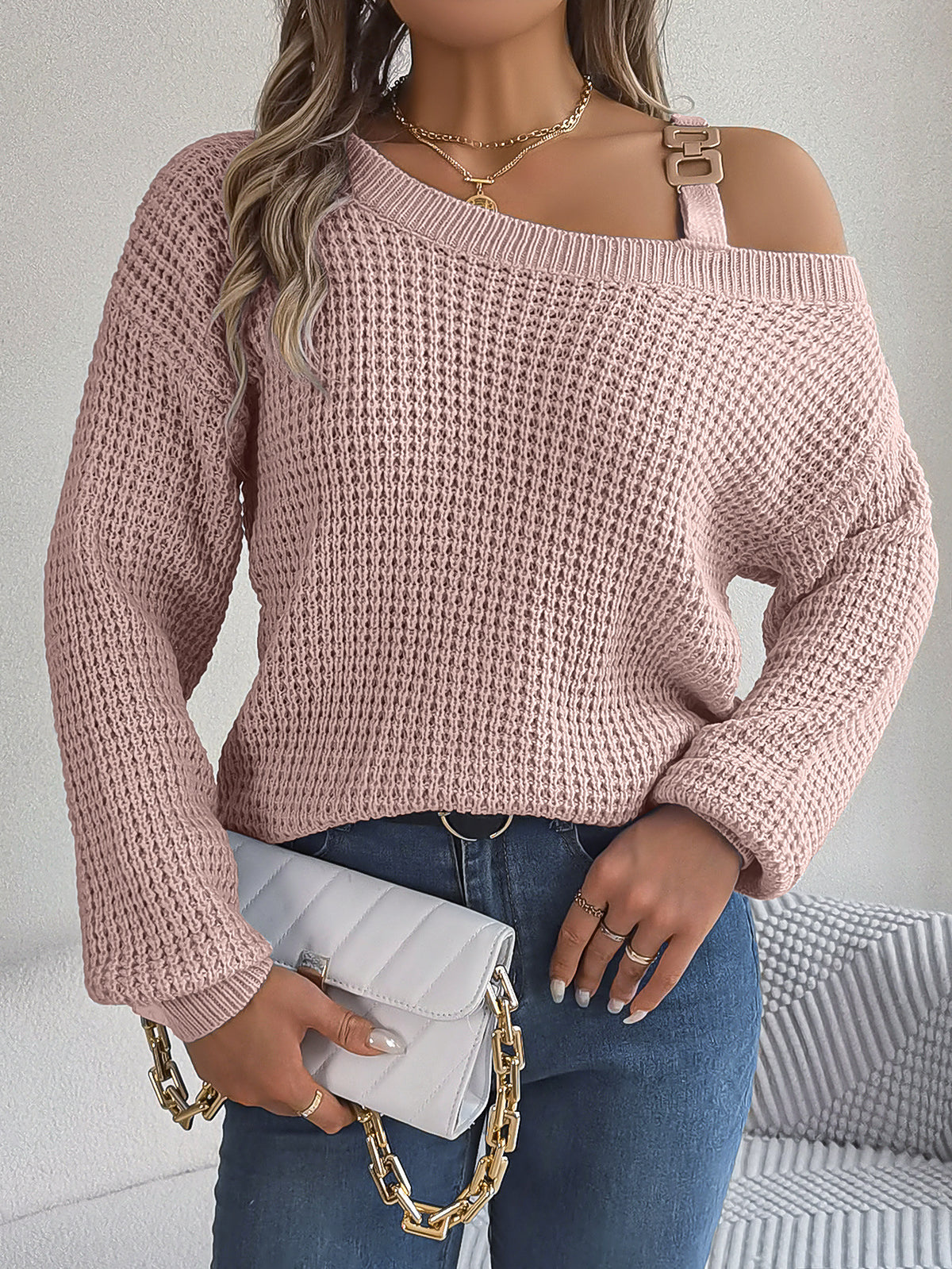 Real Shot of 2025 Autumn and Winter Casual Metal Buckle Splicing Off-Shoulder Lantern Sleeve Pullover Sweater Independent Station Cross-Border Women's Clothing