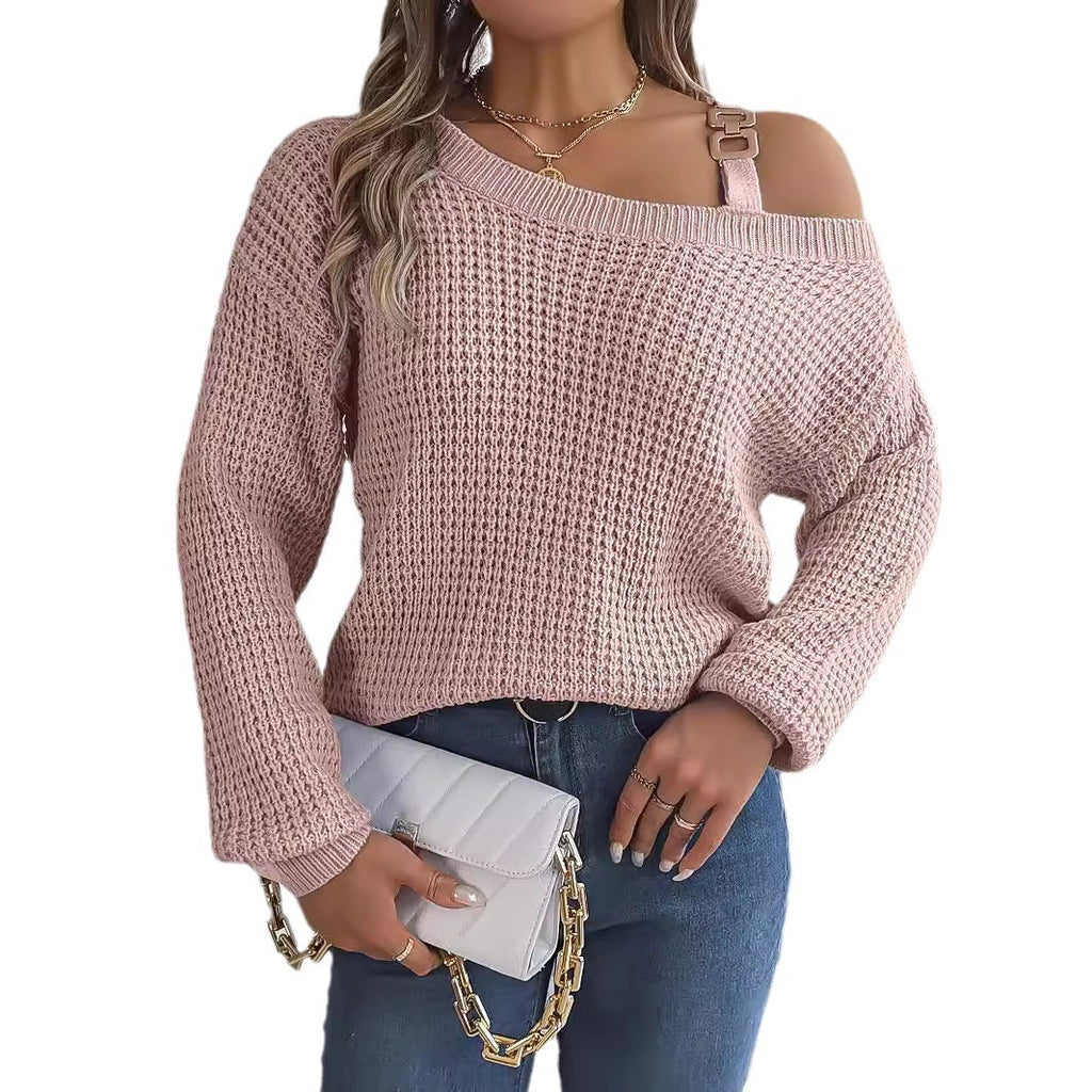 Real Shot of 2025 Autumn and Winter Casual Metal Buckle Splicing Off-Shoulder Lantern Sleeve Pullover Sweater Independent Station Cross-Border Women's Clothing