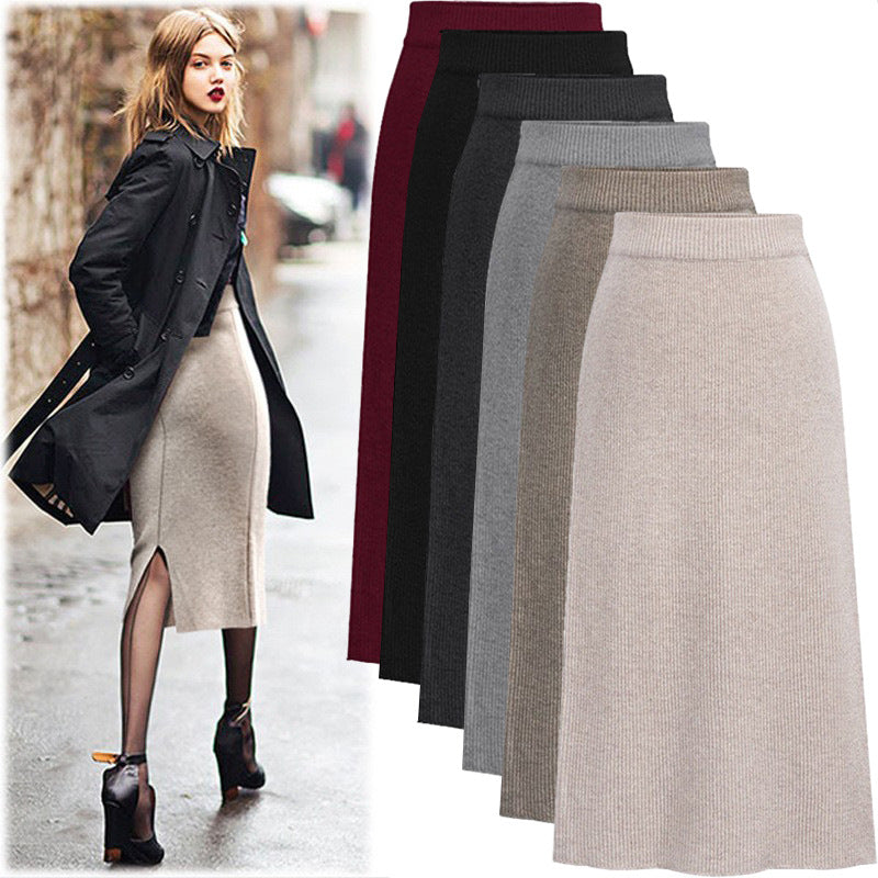 Winter Wool Skirt Women's Mid-Length Plus Size Angela Red Woolen Skirt Slit Hip Skirt High Waist Long Skirt