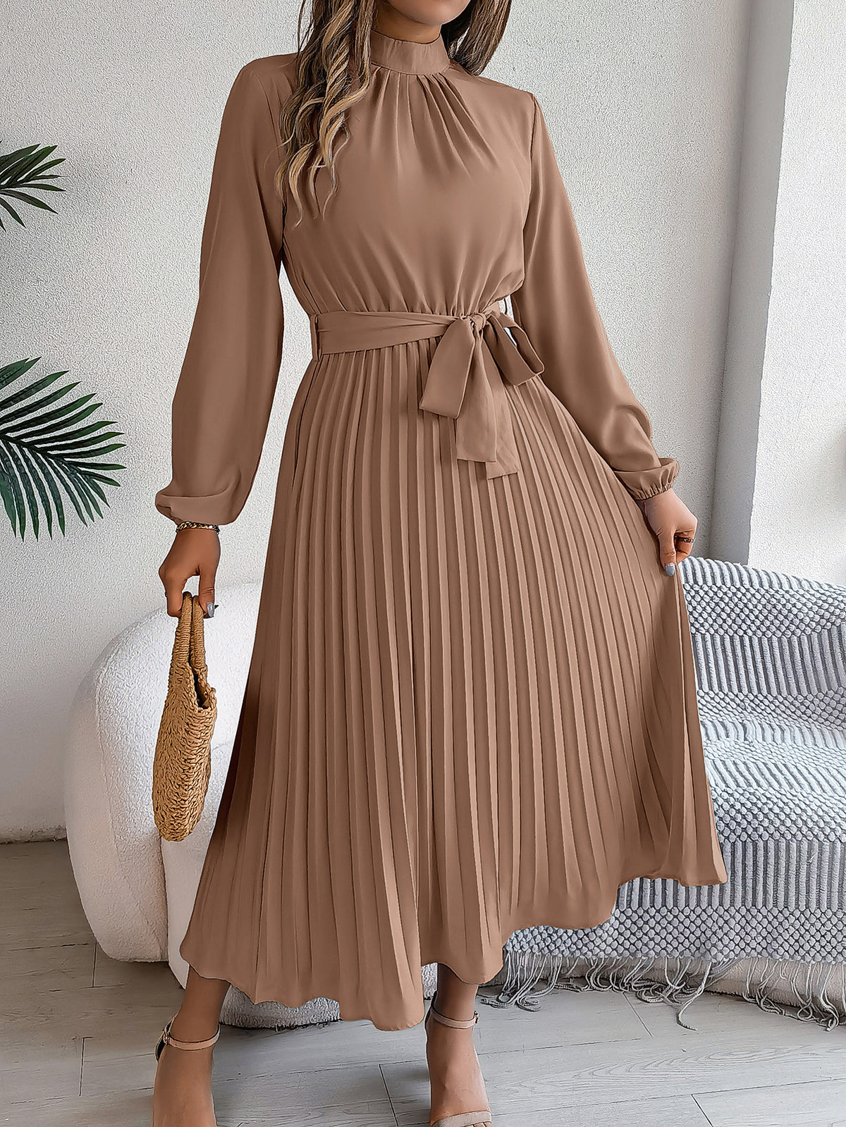 2026 European and American Spring/Summer Elegant Stand Collar Long Sleeve Waist-Cinched Pleated Long Dress Mini Dress Amazon Cross-Border Women's Clothing