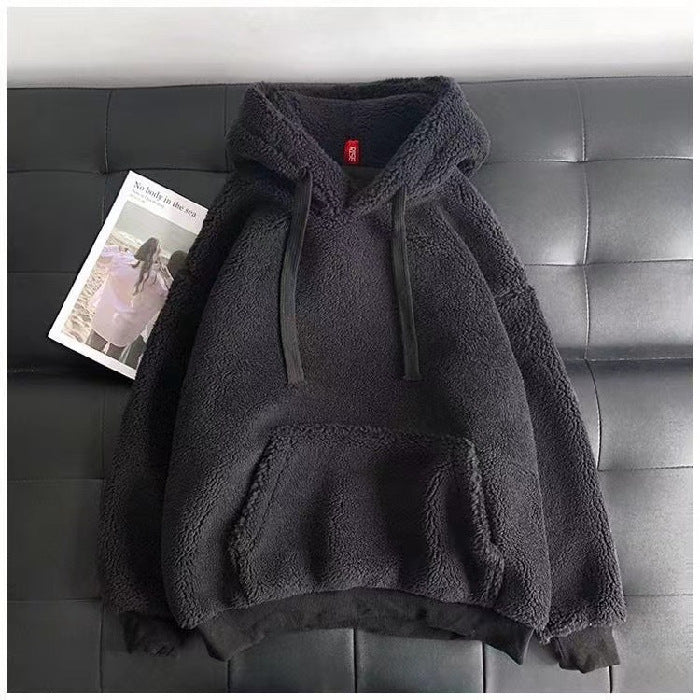 Imitation Lamb Wool Sweatshirt, Winter Season, Women's Korean Style, Simple Couple's Outfit, Unisex, Fleece-Lined, Thickened, Hooded, Loose Top