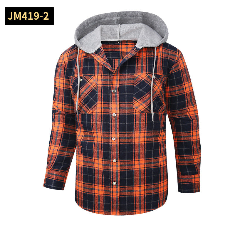 2026 Spring New Amazon Hot-Selling Loose Casual Flannel Long-Sleeve Hooded Plaid Shirt for Men with a High-End Feel