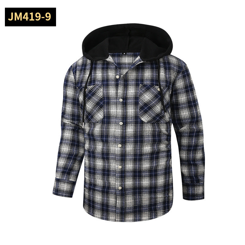 2026 Spring New Amazon Hot-Selling Loose Casual Flannel Long-Sleeve Hooded Plaid Shirt for Men with a High-End Feel