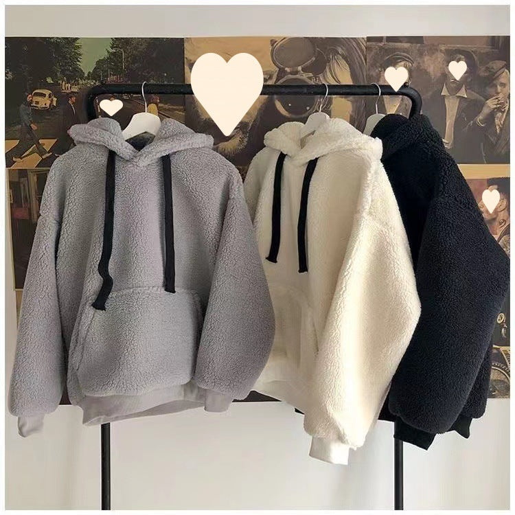Imitation Lamb Wool Sweatshirt, Winter Season, Women's Korean Style, Simple Couple's Outfit, Unisex, Fleece-Lined, Thickened, Hooded, Loose Top