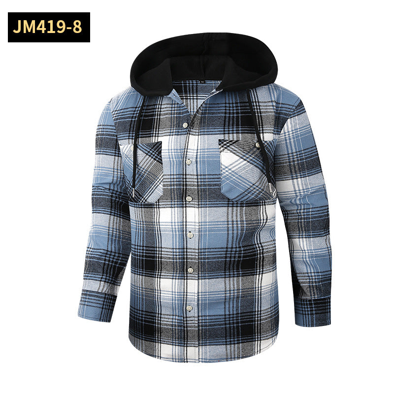 2026 Spring New Amazon Hot-Selling Loose Casual Flannel Long-Sleeve Hooded Plaid Shirt for Men with a High-End Feel