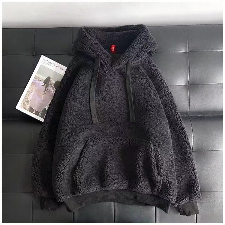 Imitation Lamb Wool Sweatshirt, Winter Season, Women's Korean Style, Simple Couple's Outfit, Unisex, Fleece-Lined, Thickened, Hooded, Loose Top