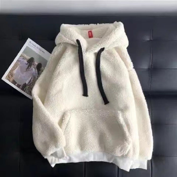 Imitation Lamb Wool Sweatshirt, Winter Season, Women's Korean Style, Simple Couple's Outfit, Unisex, Fleece-Lined, Thickened, Hooded, Loose Top