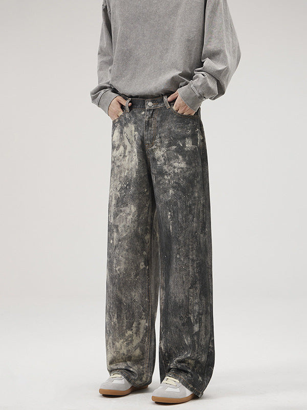 LKTM Men's# AC Style Splash Ink Printed Jeans Men's and Women's American Washed Heavy Loose Wide Leg Trousers