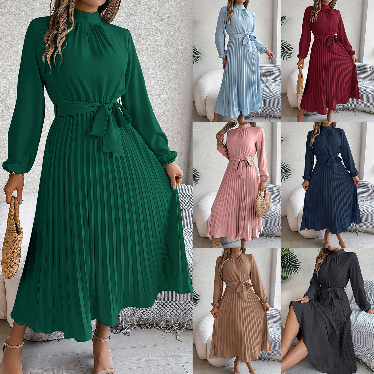 2026 European and American Spring/Summer Elegant Stand Collar Long Sleeve Waist-Cinched Pleated Long Dress Mini Dress Amazon Cross-Border Women's Clothing