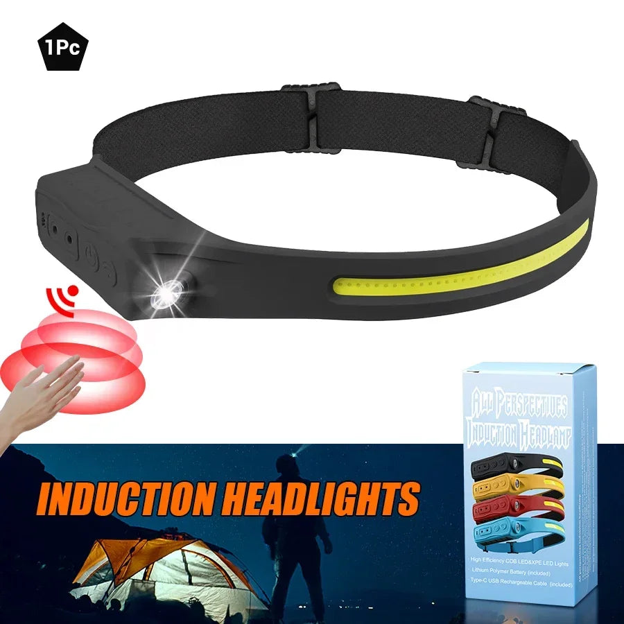 Sensor Headlamp LED Head Flashlight Rechargeable Headlight Head Torch Built-in Battery 5 Lighting Modes Fishing Camping Lantern