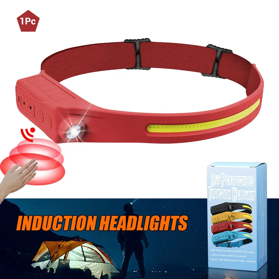 Sensor Headlamp LED Head Flashlight Rechargeable Headlight Head Torch Built-in Battery 5 Lighting Modes Fishing Camping Lantern