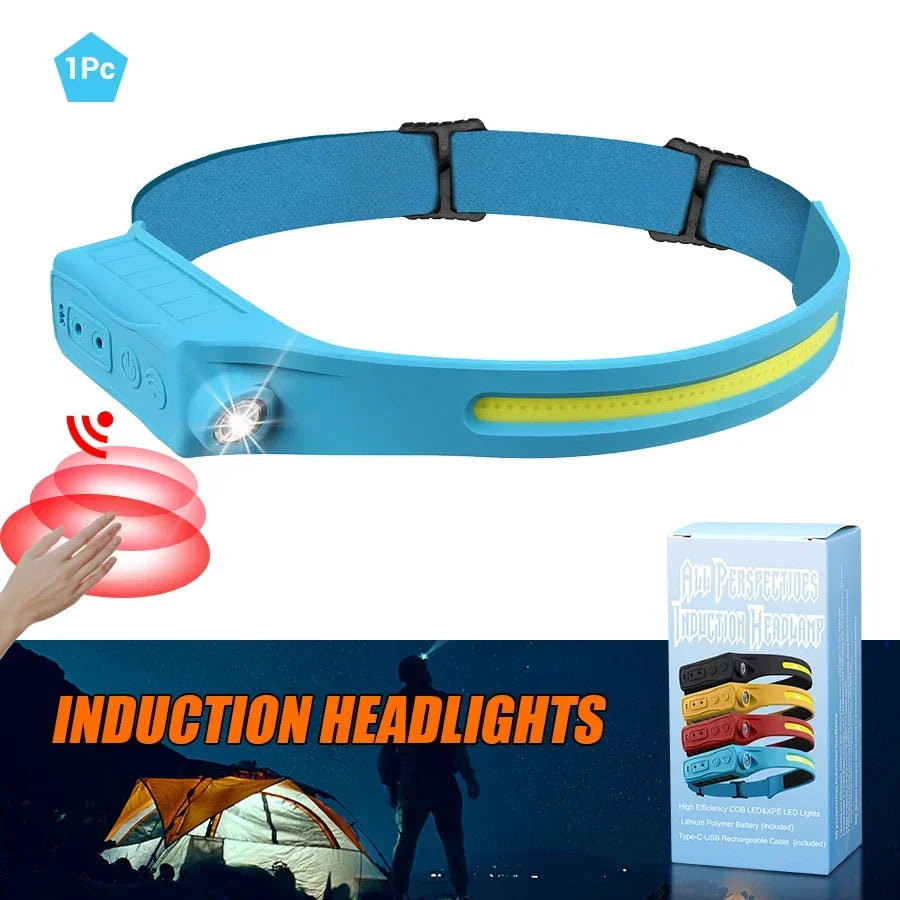 Sensor Headlamp LED Head Flashlight Rechargeable Headlight Head Torch Built-in Battery 5 Lighting Modes Fishing Camping Lantern