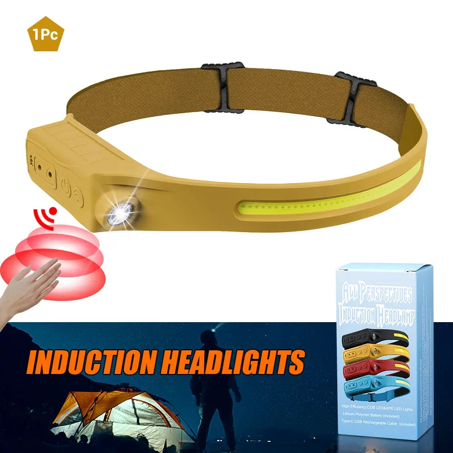 Sensor Headlamp LED Head Flashlight Rechargeable Headlight Head Torch Built-in Battery 5 Lighting Modes Fishing Camping Lantern