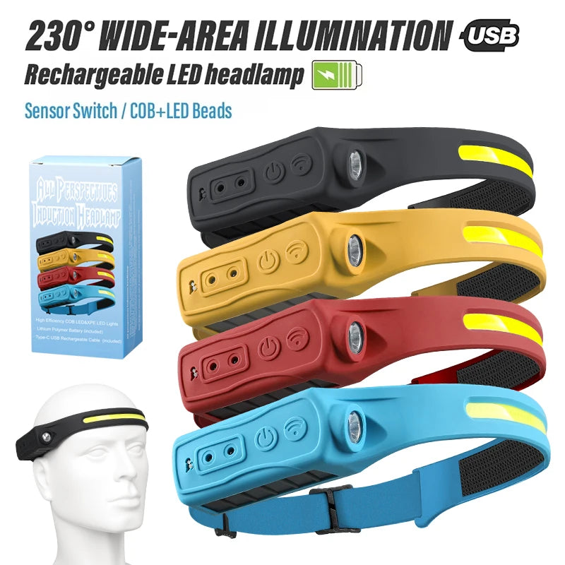 Sensor Headlamp LED Head Flashlight Rechargeable Headlight Head Torch Built-in Battery 5 Lighting Modes Fishing Camping Lantern